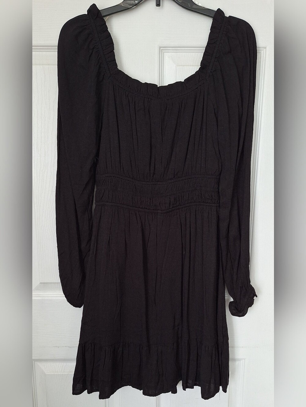 Purple Snow Black Smocked Long Sleeve Mini Dress Lined Size Large NWOT